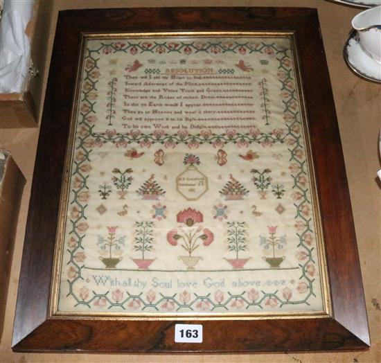 William IV needlework sampler, M E Crundwell, 1831, with verse and floral motifs